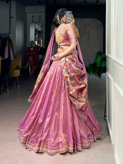 Lorenvalley Fashion Light Pink Shimmer Zari Weaving Work With Less Touch Up Lehenga Choli With Dupatta
