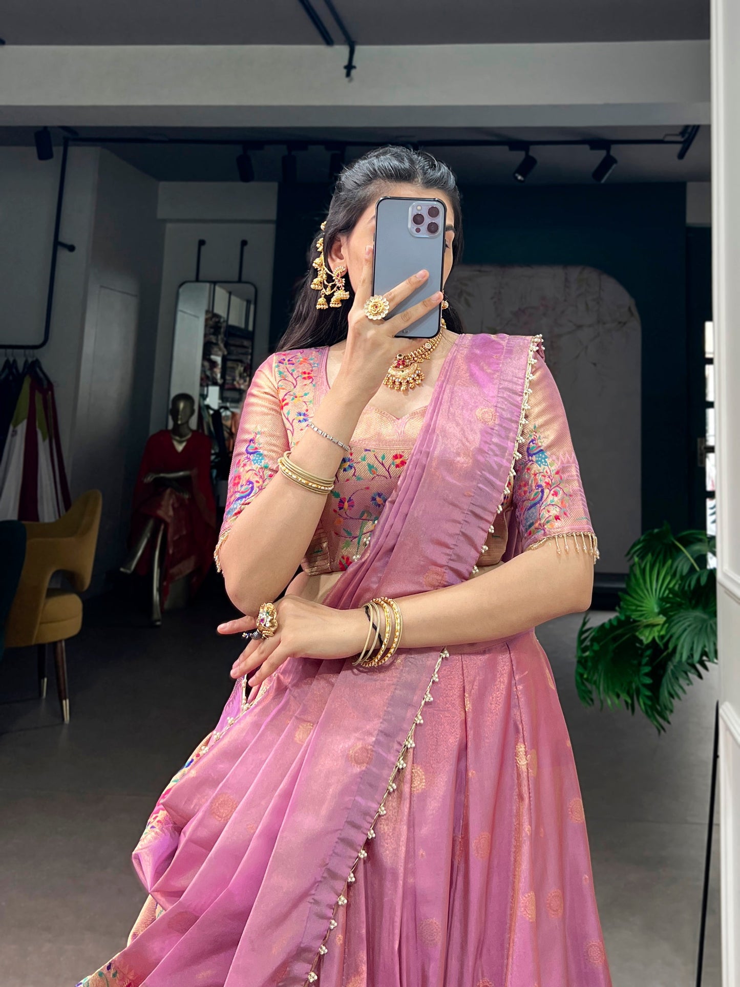 Lorenvalley Fashion Light Pink Shimmer Zari Weaving Work With Less Touch Up Lehenga Choli With Dupatta