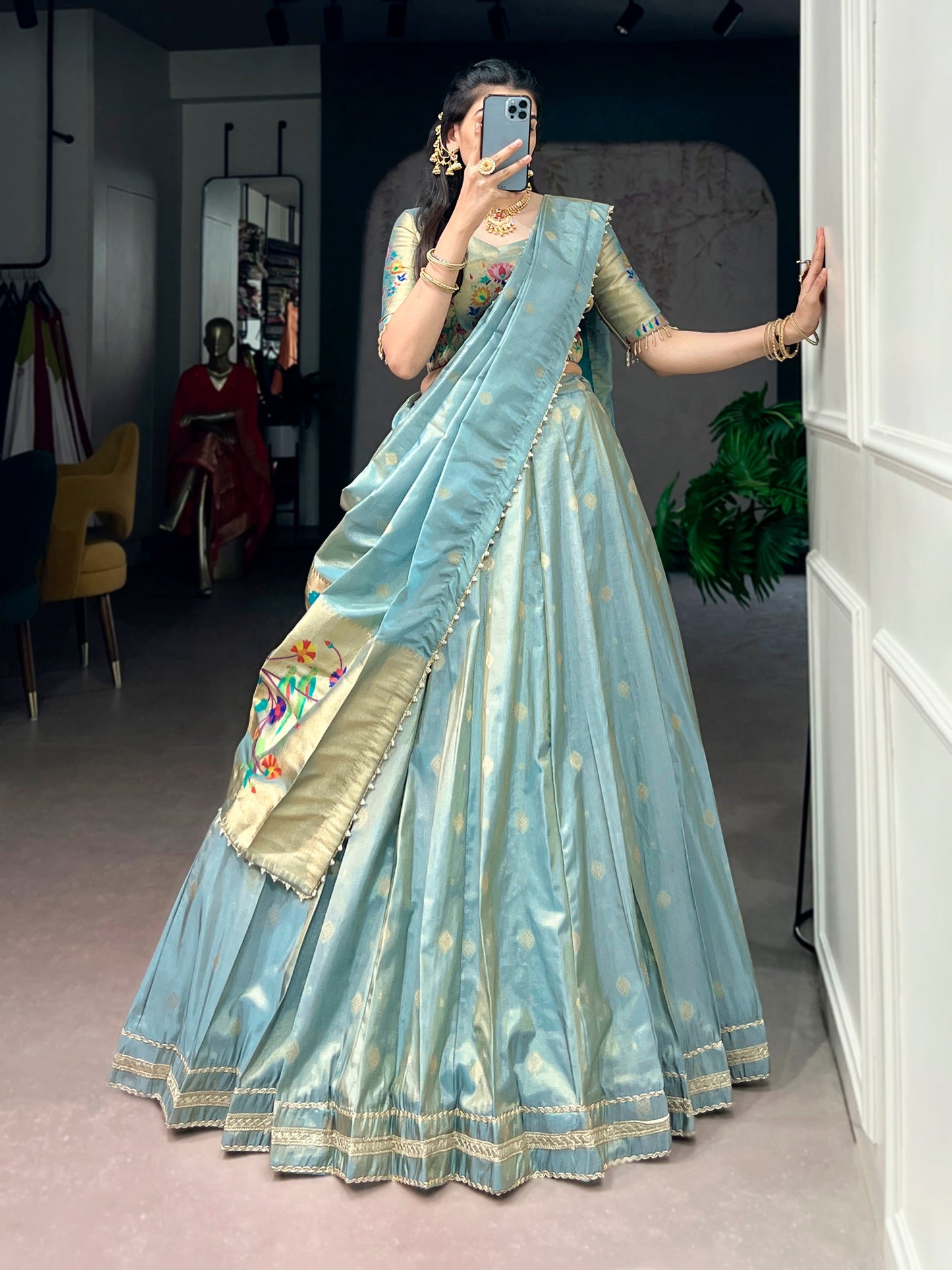 Lorenvalley Fashion Skyblue Shimmer Zari Weaving Work With Less Touch Up Lehenga Choli With Dupatta