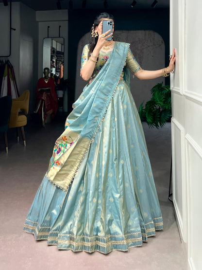 Lorenvalley Fashion Skyblue Shimmer Zari Weaving Work With Less Touch Up Lehenga Choli With Dupatta