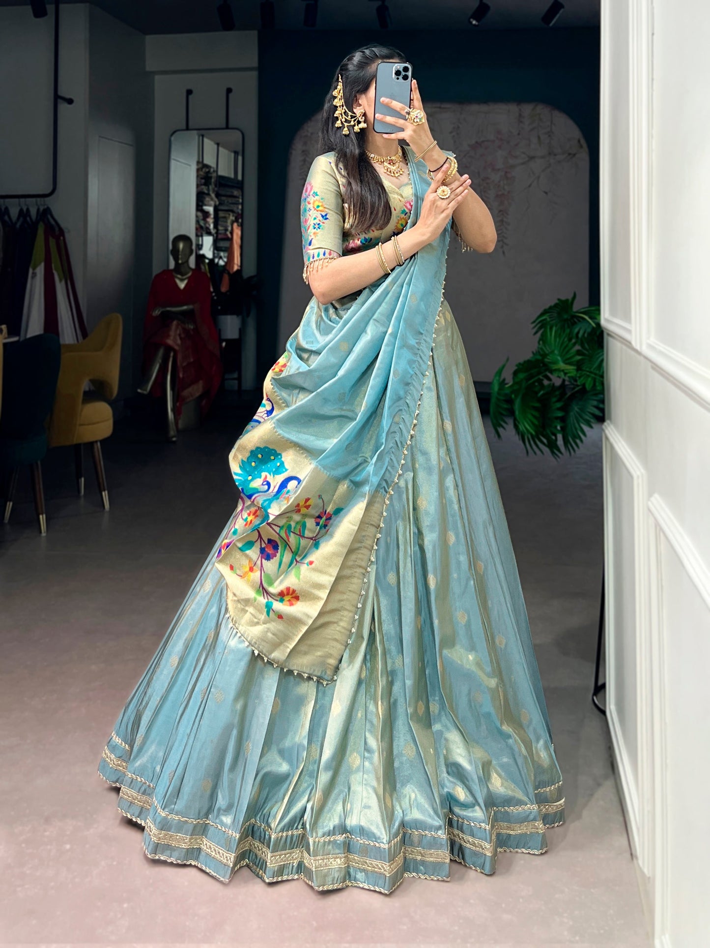 Lorenvalley Fashion Skyblue Shimmer Zari Weaving Work With Less Touch Up Lehenga Choli With Dupatta