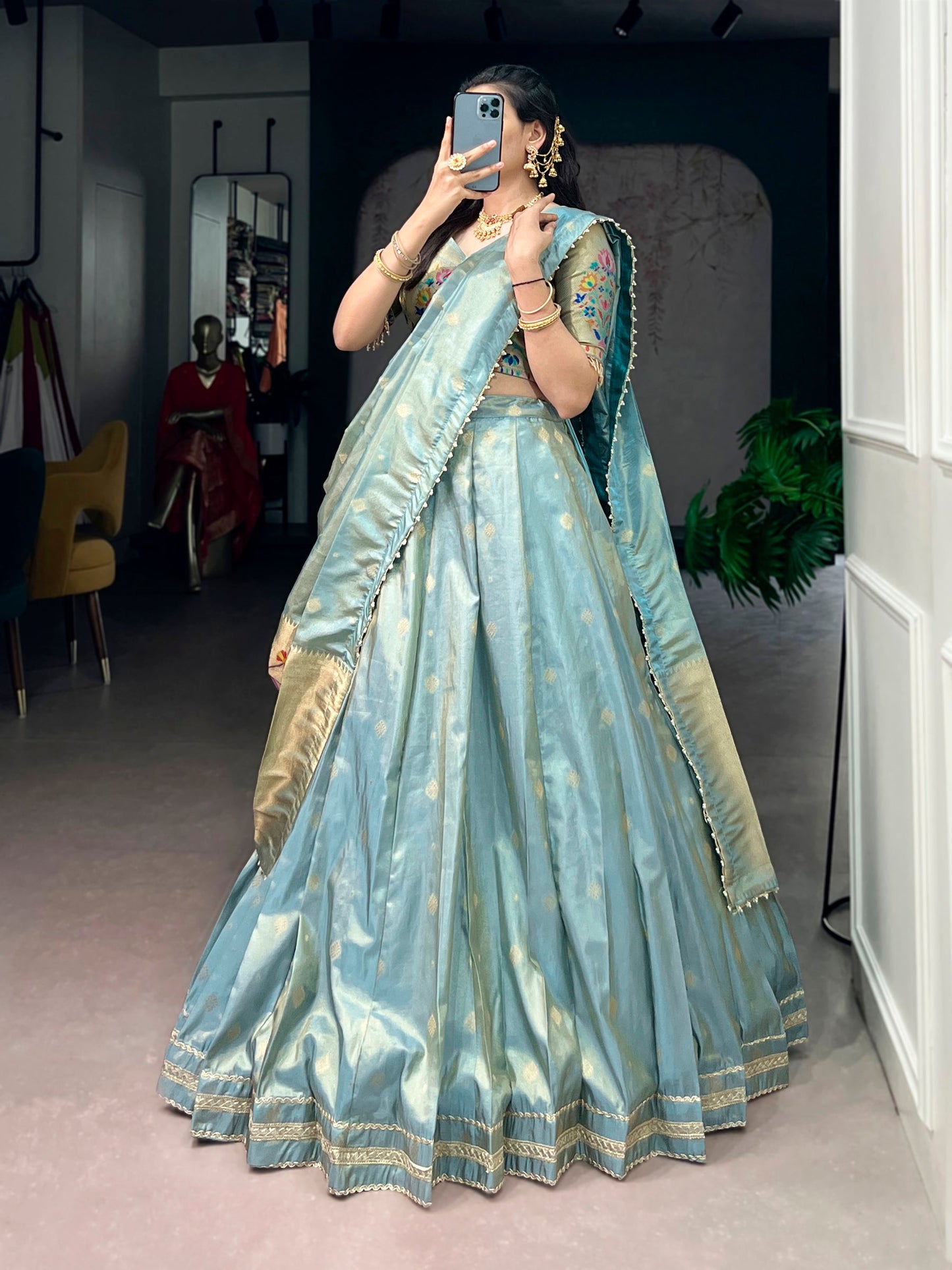 Lorenvalley Fashion Skyblue Shimmer Zari Weaving Work With Less Touch Up Lehenga Choli With Dupatta