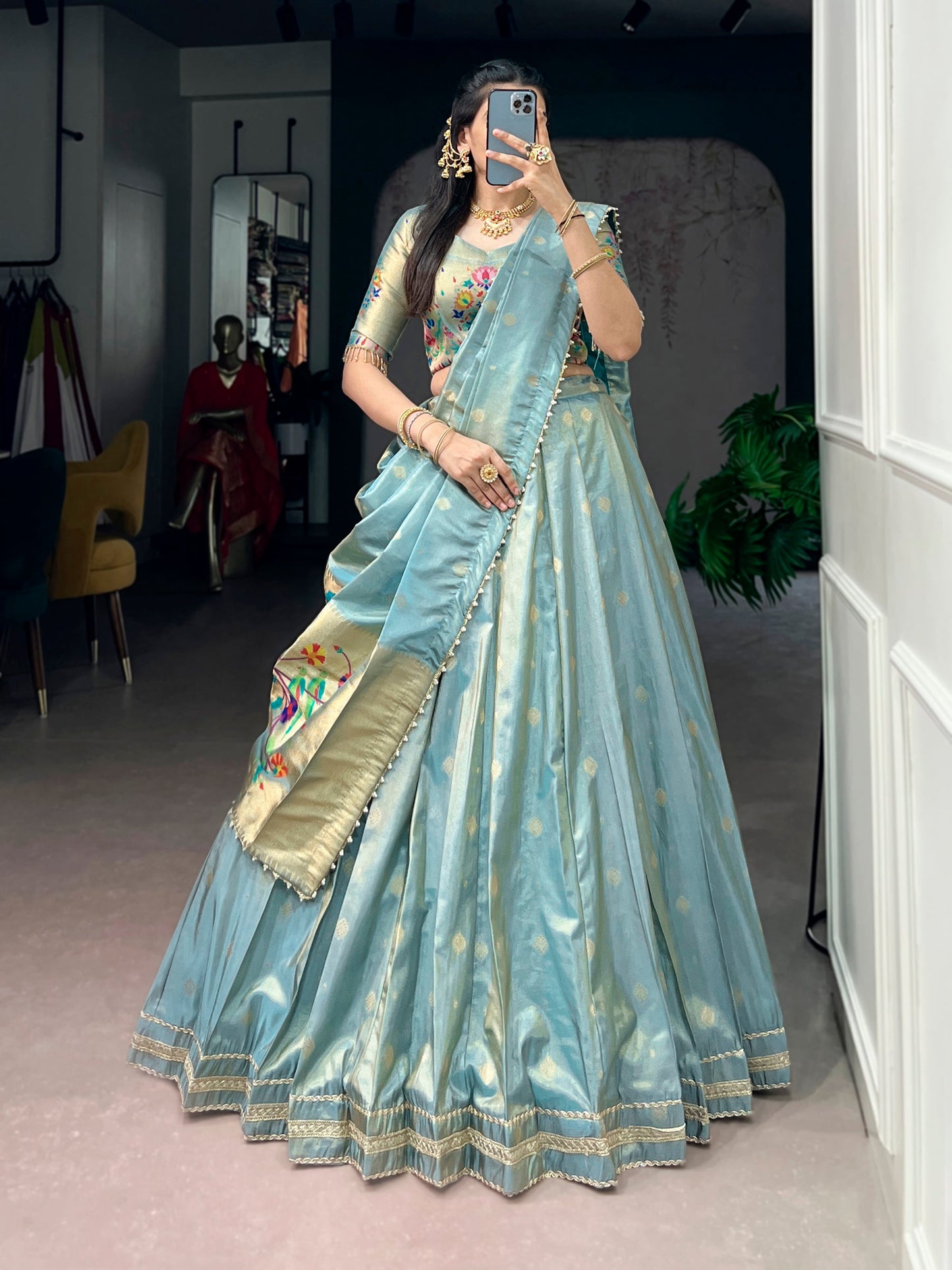Lorenvalley Fashion Skyblue Shimmer Zari Weaving Work With Less Touch Up Lehenga Choli With Dupatta