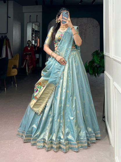 Lorenvalley Fashion Skyblue Shimmer Zari Weaving Work With Less Touch Up Lehenga Choli With Dupatta