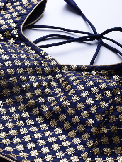 Tulsi Art Navy Blue Embroidered Semi-Stitched Myntra Lehenga & Unstitched Blouse With Dupatta