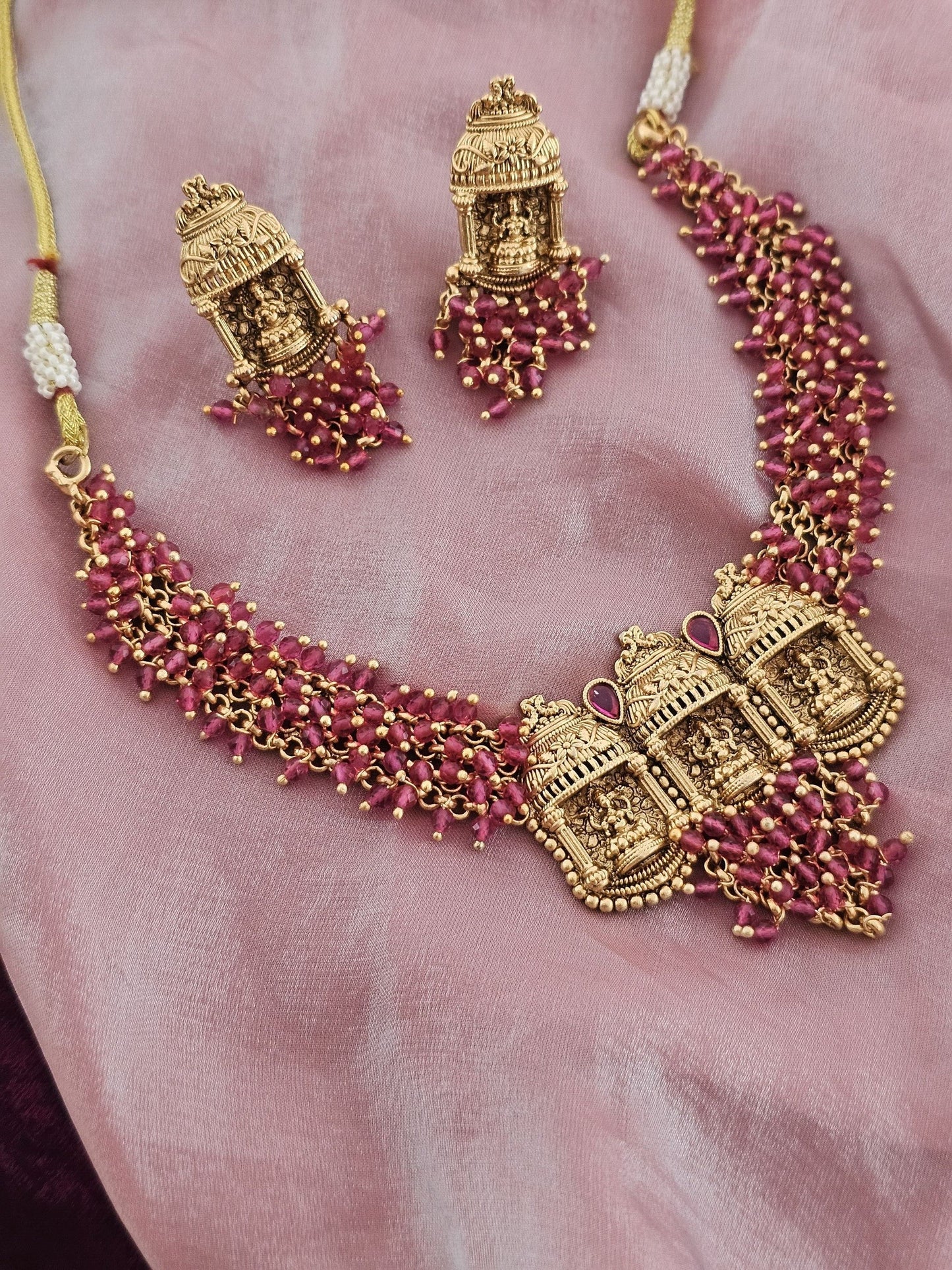 Golden Laxmi Rani Wine Beaded Necklace Set
