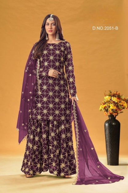 Anaita Purple Faux Georgette Plazzo Suit With Embroidery & Sequins Work