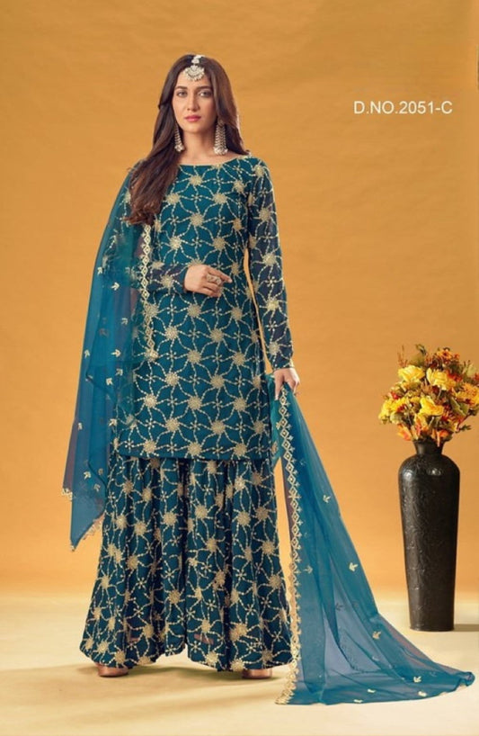 Anaita Teal Blue Faux Georgette Plazzo Suit With Embroidery & Sequins Work