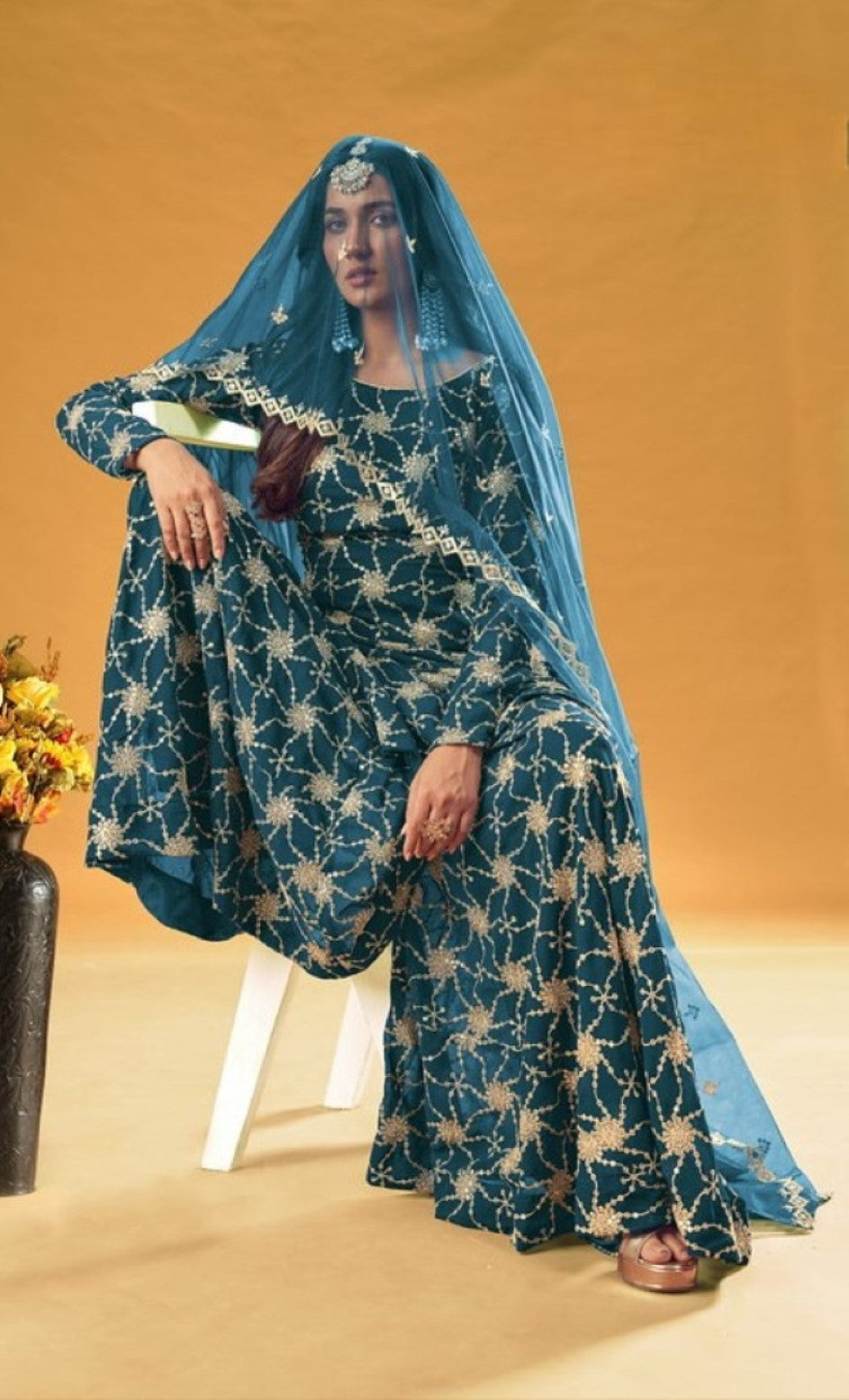 Anaita Teal Blue Faux Georgette Plazzo Suit With Embroidery & Sequins Work