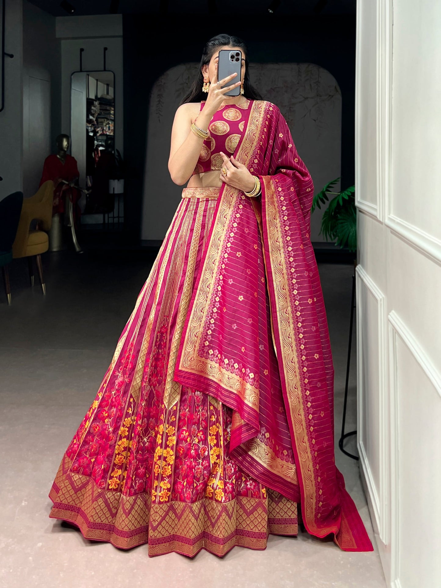 Lorenvalley Fashion Pink Silk Zari Weaving Work Lehenga Choli with Dupatta