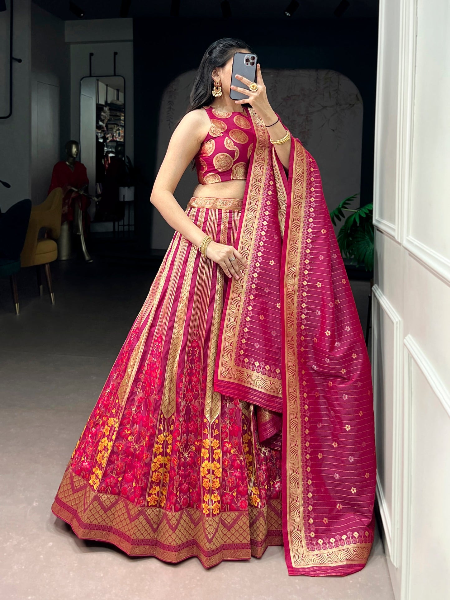Lorenvalley Fashion Pink Silk Zari Weaving Work Lehenga Choli with Dupatta