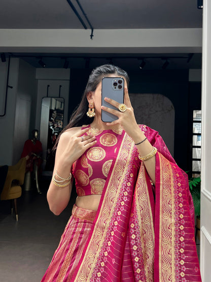 Lorenvalley Fashion Pink Silk Zari Weaving Work Lehenga Choli with Dupatta