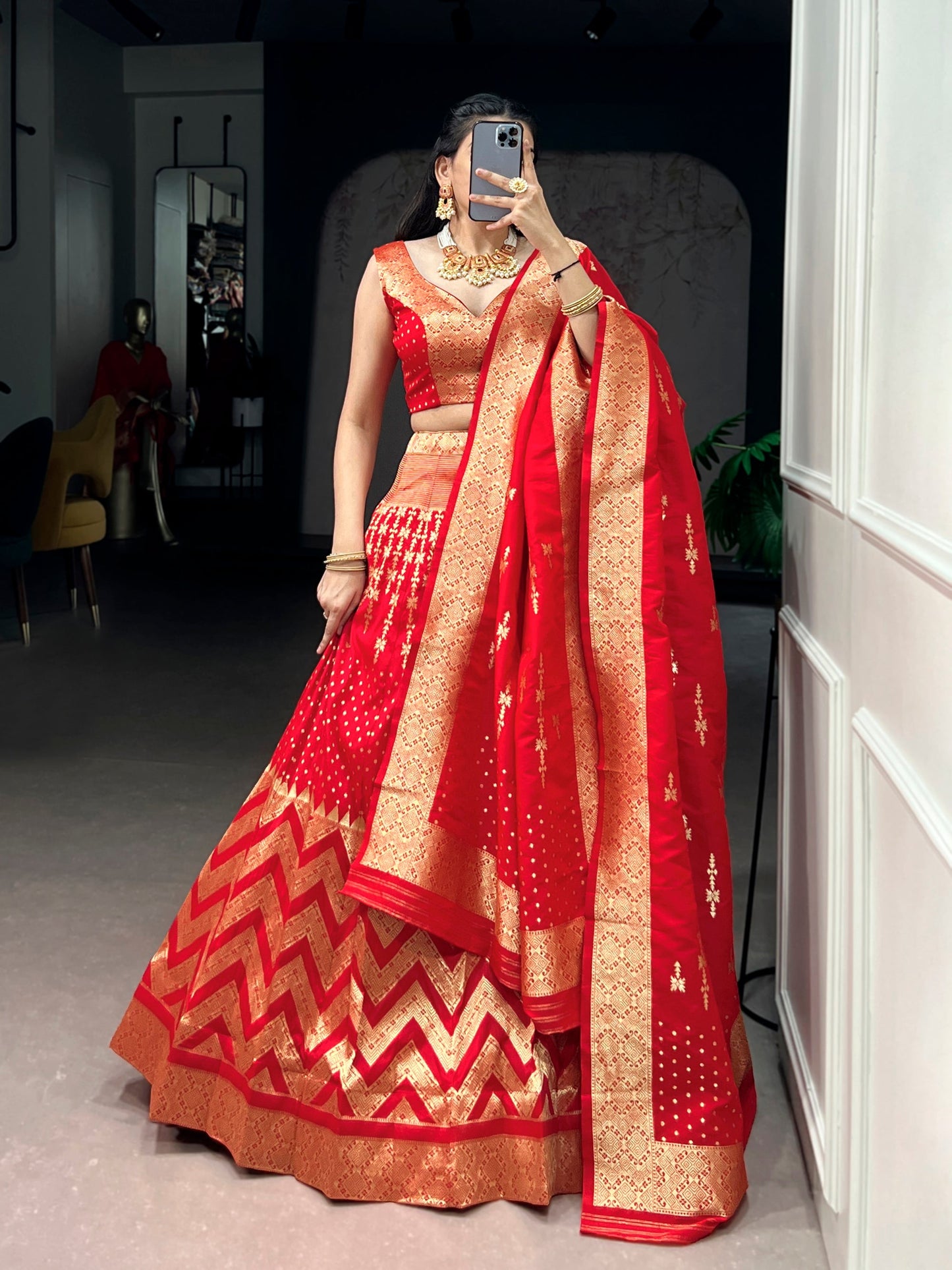 Lorenvalley Fashion Red Silk Zari Weaving Work Lehenga Choli with Dupatta