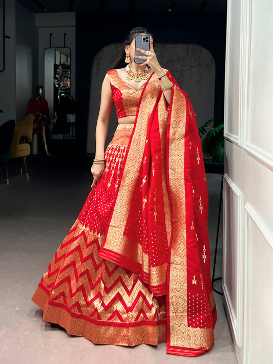 Lorenvalley Fashion Red Silk Zari Weaving Work Lehenga Choli with Dupatta