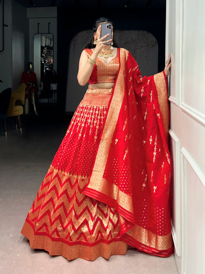 Lorenvalley Fashion Red Silk Zari Weaving Work Lehenga Choli with Dupatta
