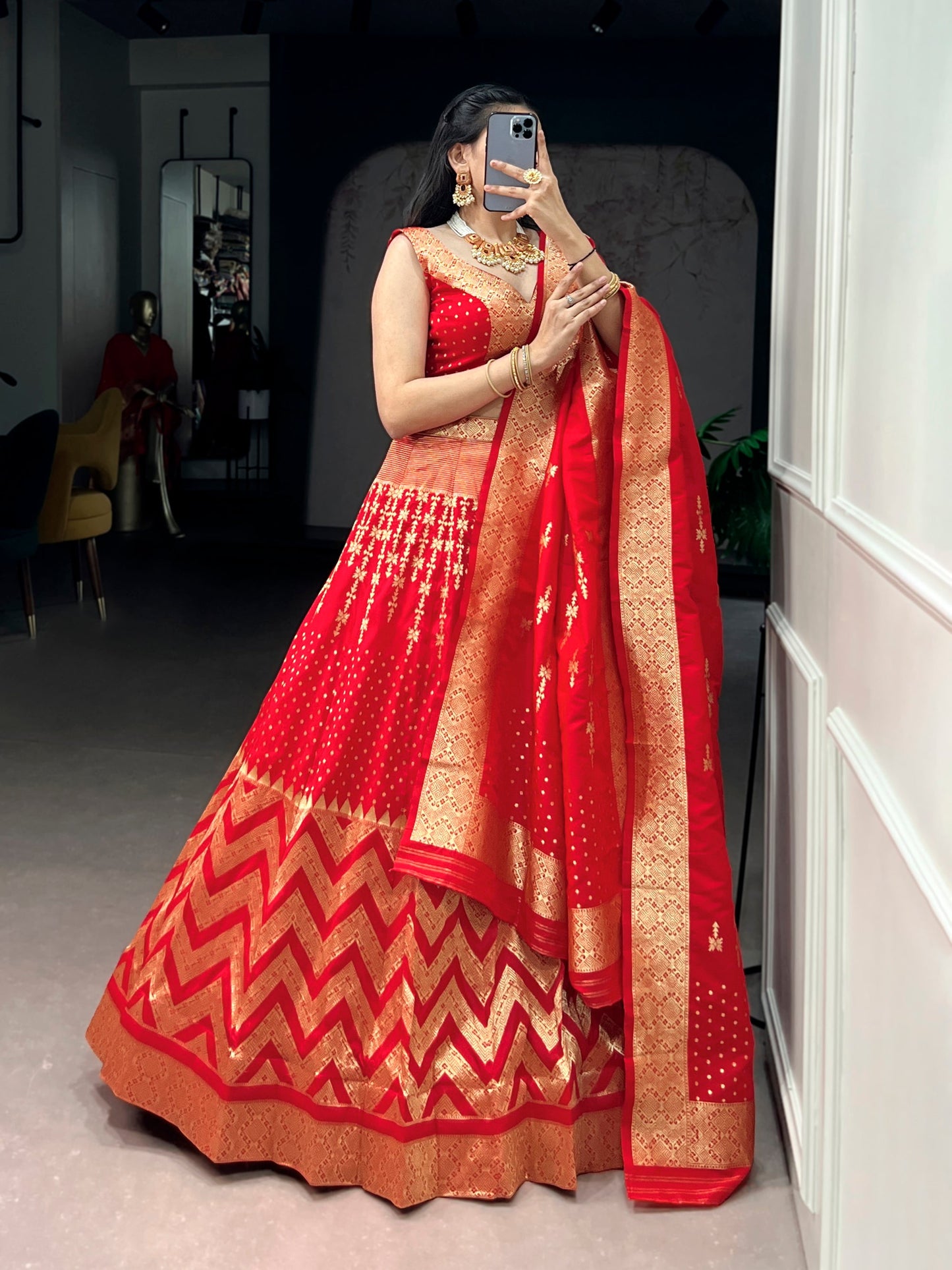 Lorenvalley Fashion Red Silk Zari Weaving Work Lehenga Choli with Dupatta