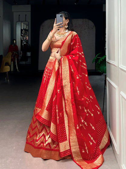 Lorenvalley Fashion Red Silk Zari Weaving Work Lehenga Choli with Dupatta