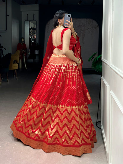 Lorenvalley Fashion Red Silk Zari Weaving Work Lehenga Choli with Dupatta