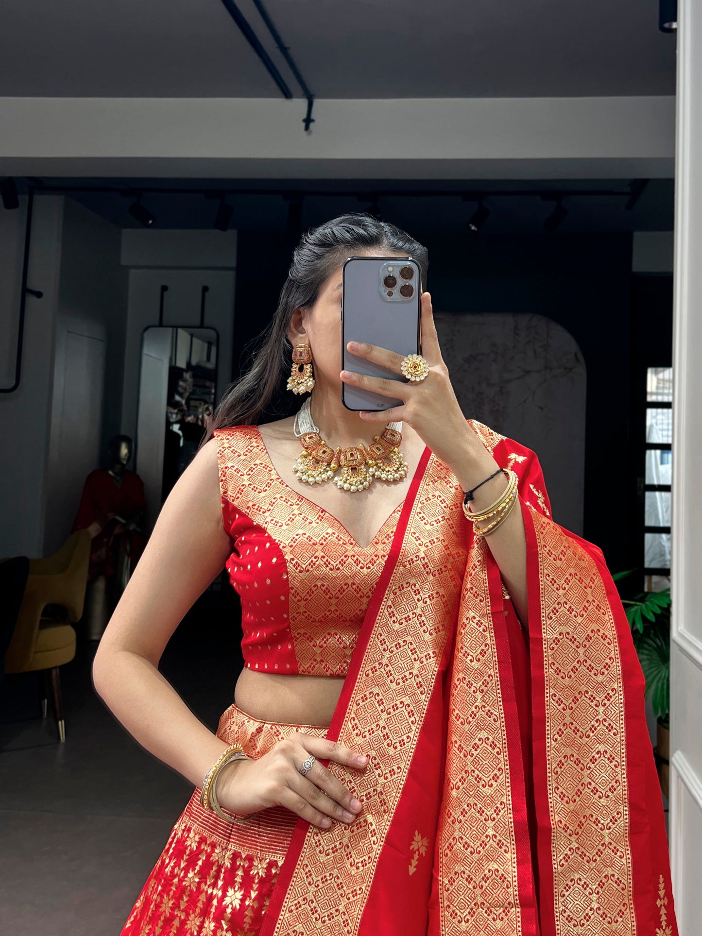 Lorenvalley Fashion Red Silk Zari Weaving Work Lehenga Choli with Dupatta