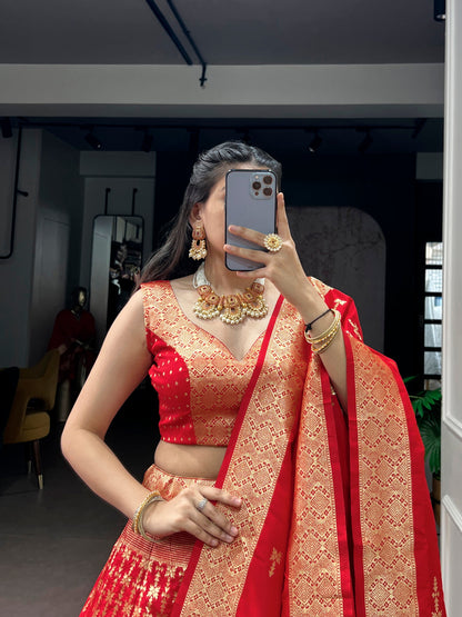 Lorenvalley Fashion Red Silk Zari Weaving Work Lehenga Choli with Dupatta