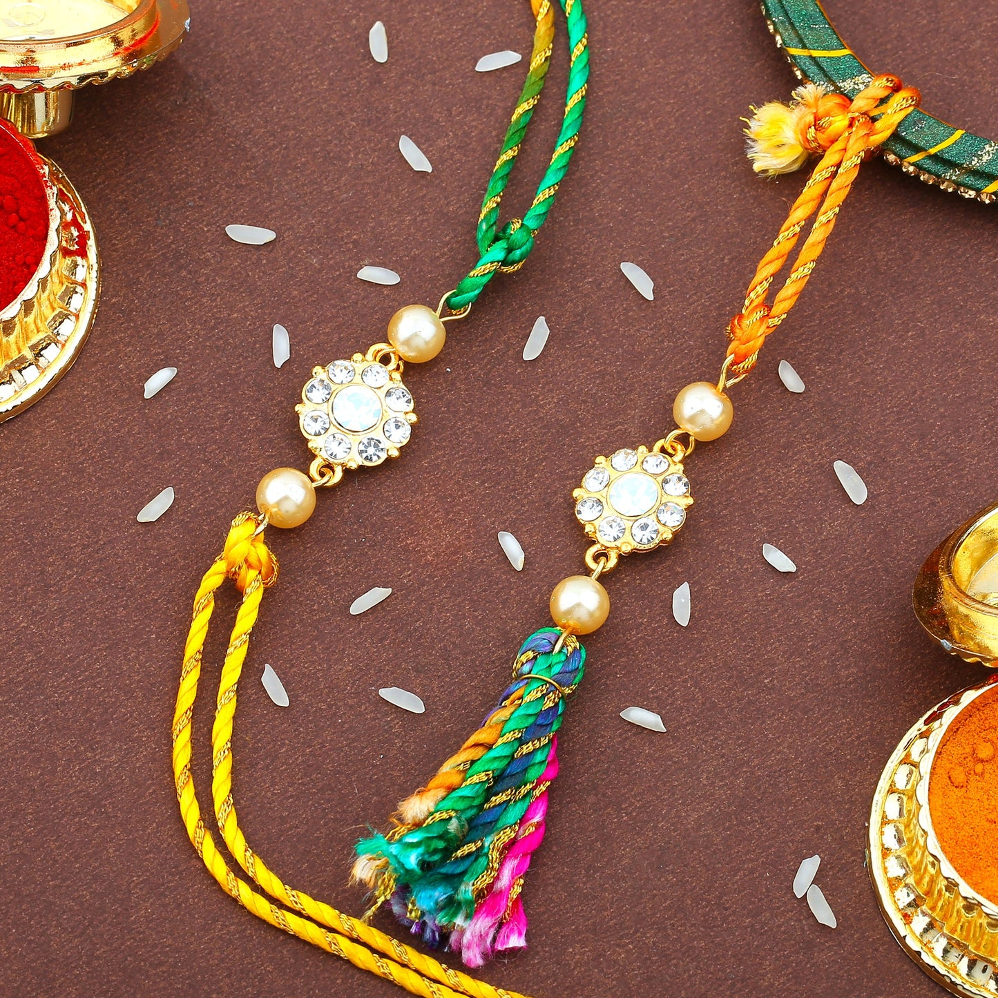 Gold Floral Pearl Bhaiya Bhabhi Rakhi