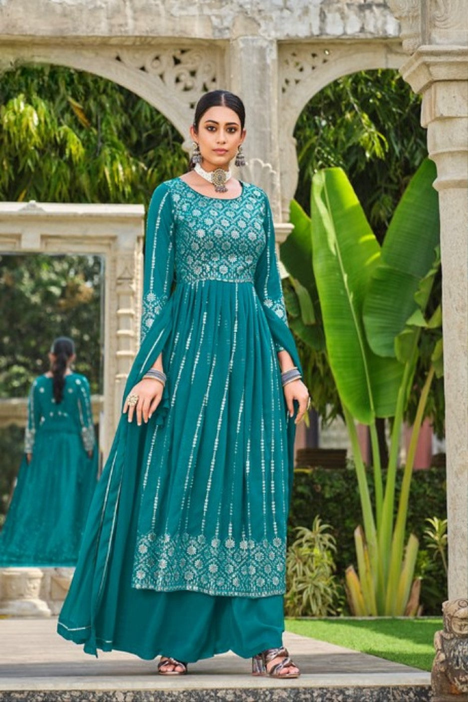 Anaita Blue Faux Georgette Plazzo Suit With Embroidery & Sequins Work
