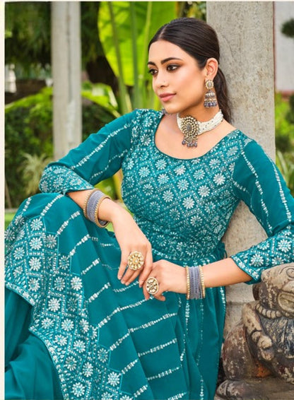 Anaita Blue Faux Georgette Plazzo Suit With Embroidery & Sequins Work