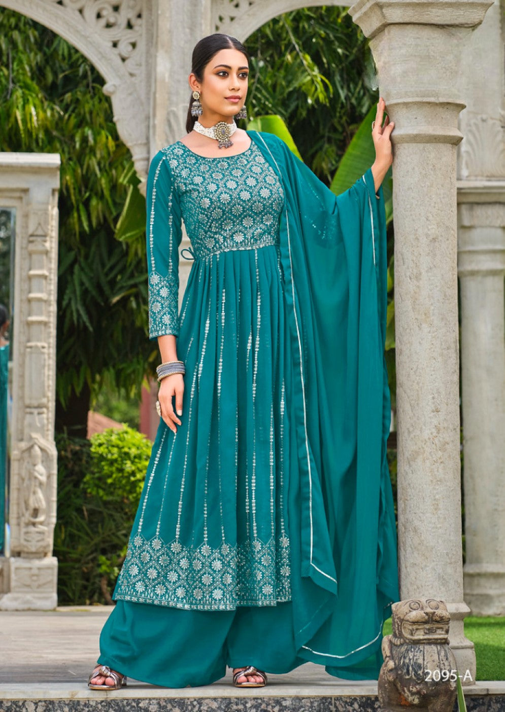 Anaita Blue Faux Georgette Plazzo Suit With Embroidery & Sequins Work