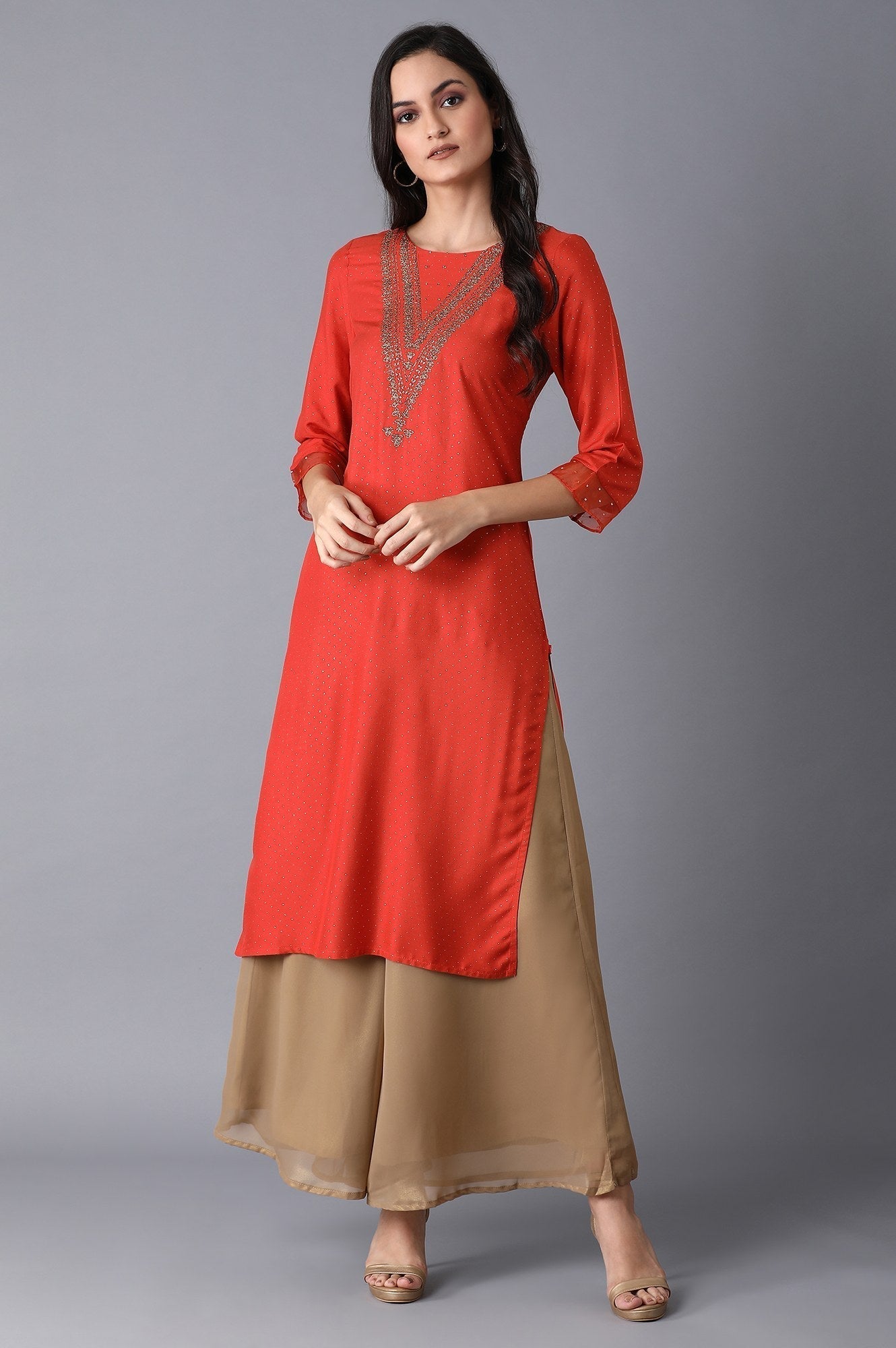 W for Woman Orange Glitter Printed kurta
