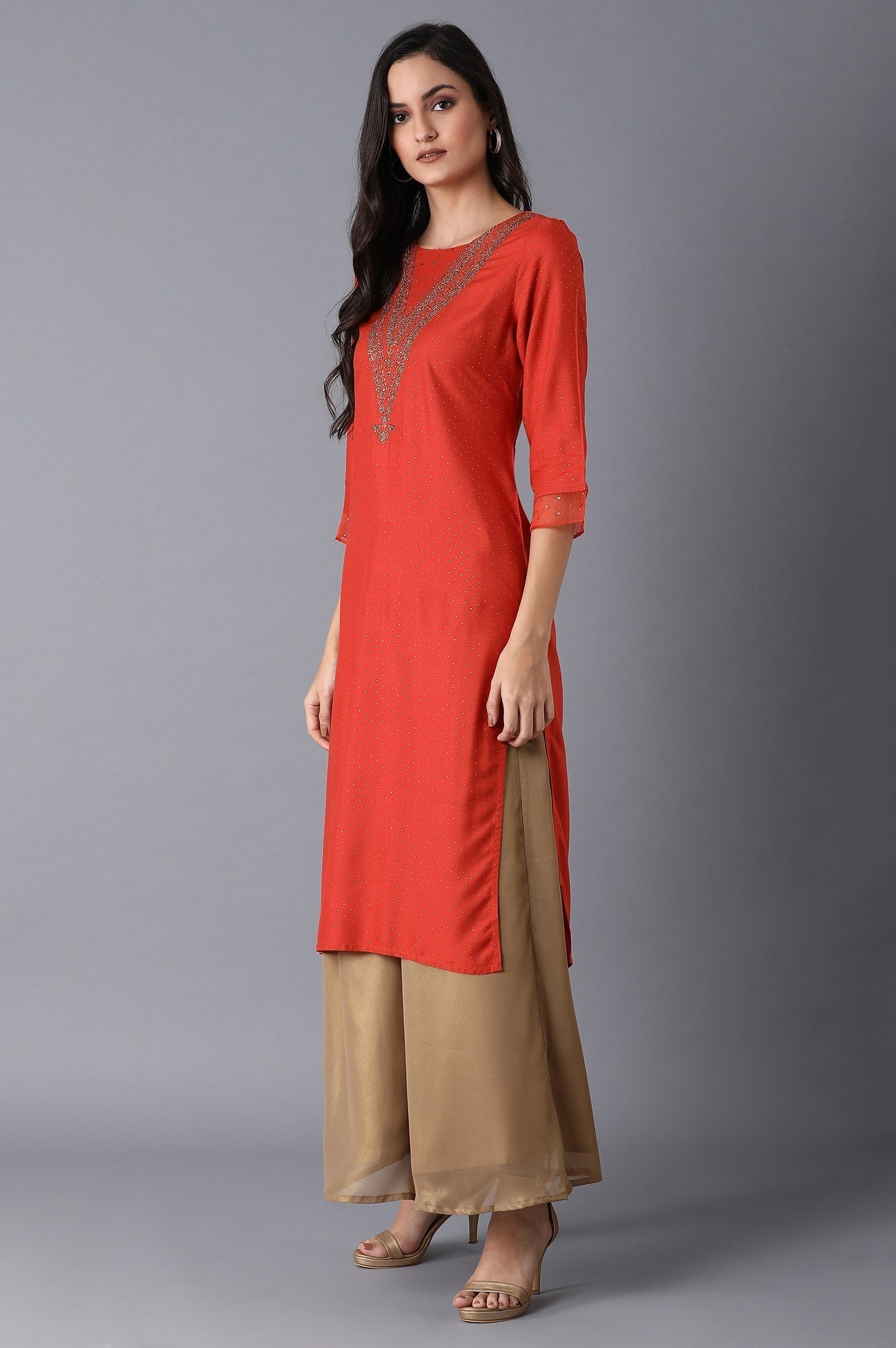 W for Woman Orange Glitter Printed kurta