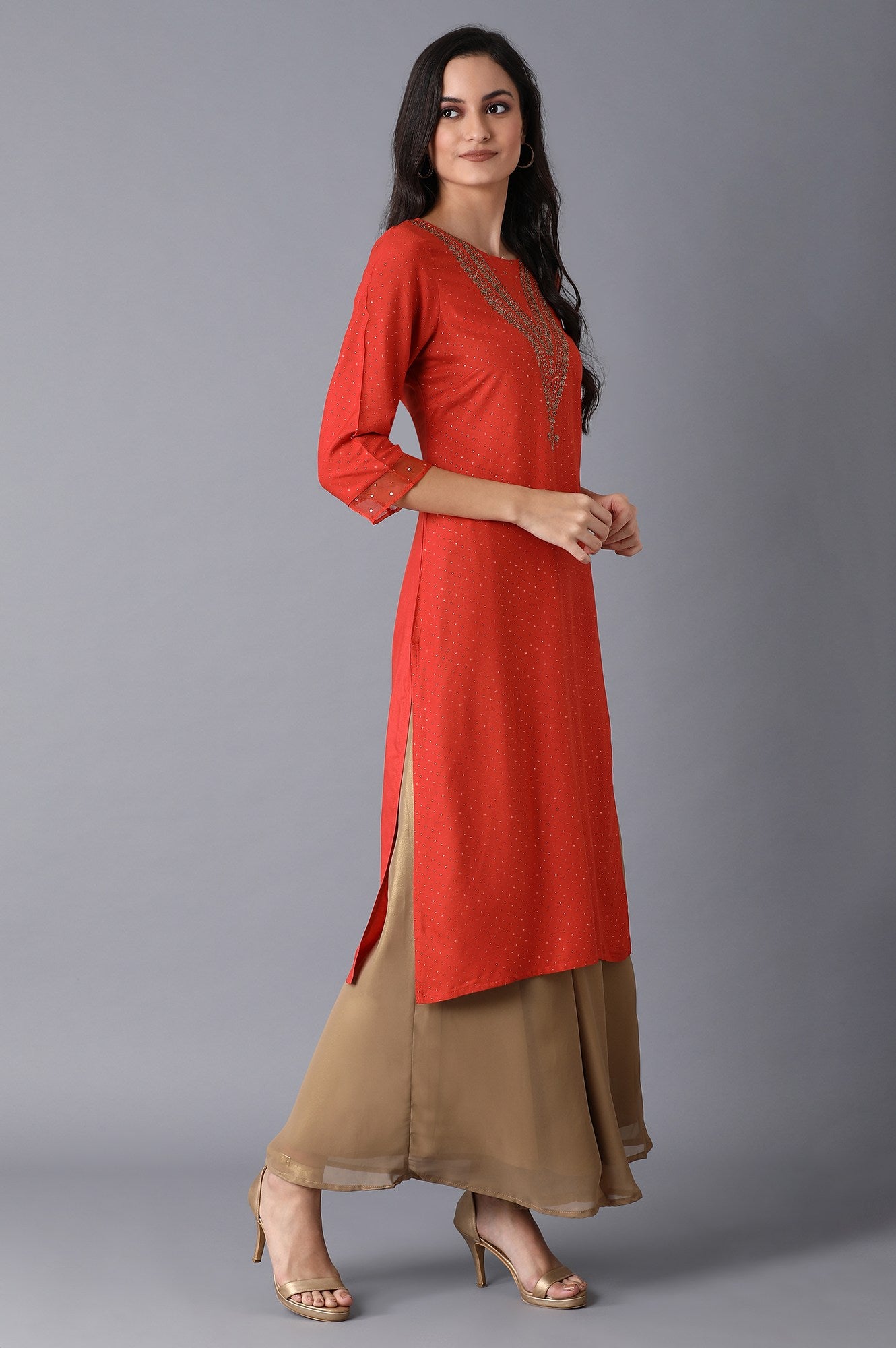 W for Woman Orange Glitter Printed kurta