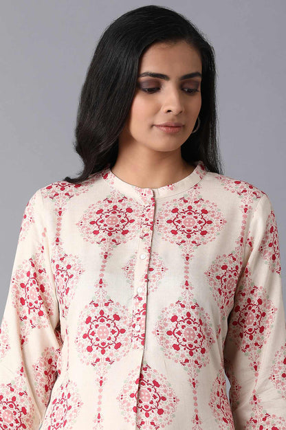 W for Woman Beige Geometric Printed Rayon Straight Kurta and Slim Pant Set