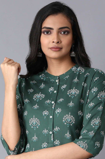 W for Woman Green Floral Printed Lace Rayon Straight Kurta and Straight Pant Set