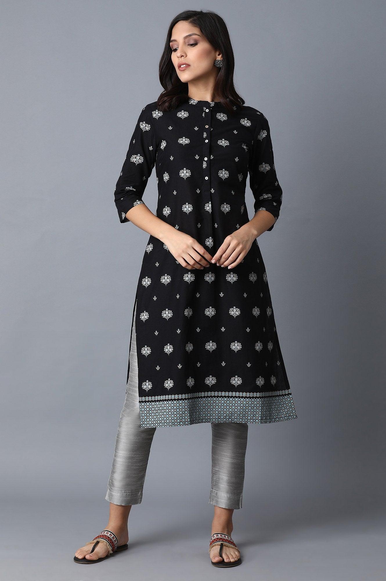 W for Woman Black Geometric Printed Pure Cotton Straight Kurta