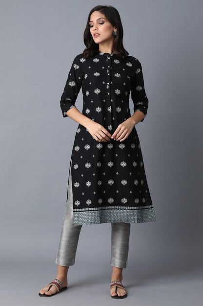 W for Woman Black Geometric Printed Pure Cotton Straight Kurta