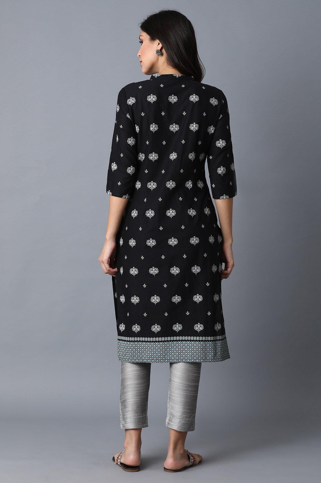 W for Woman Black Geometric Printed Pure Cotton Straight Kurta