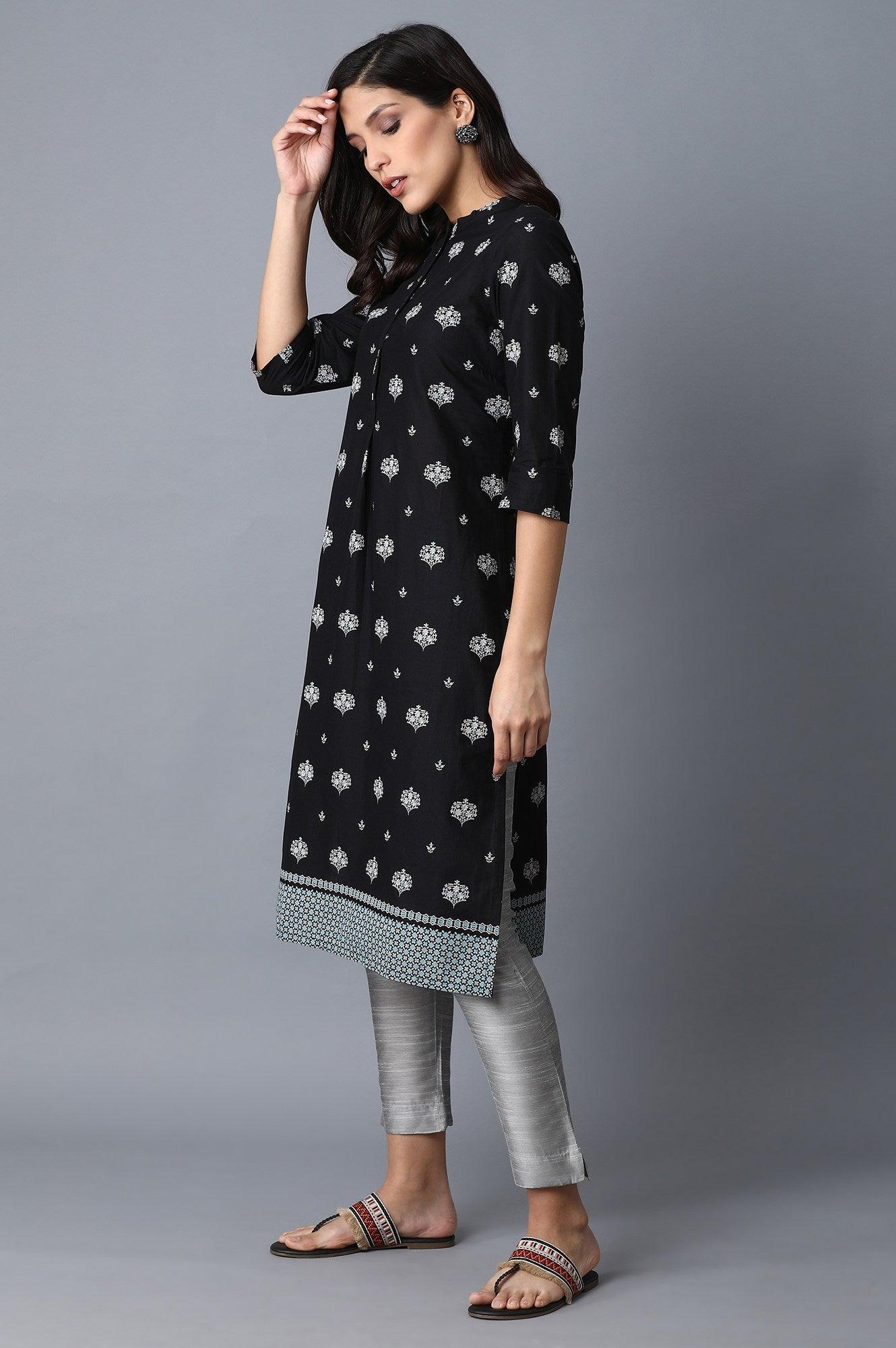 W for Woman Black Geometric Printed Pure Cotton Straight Kurta