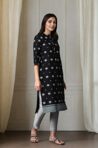 W for Woman Black Geometric Printed Pure Cotton Straight Kurta