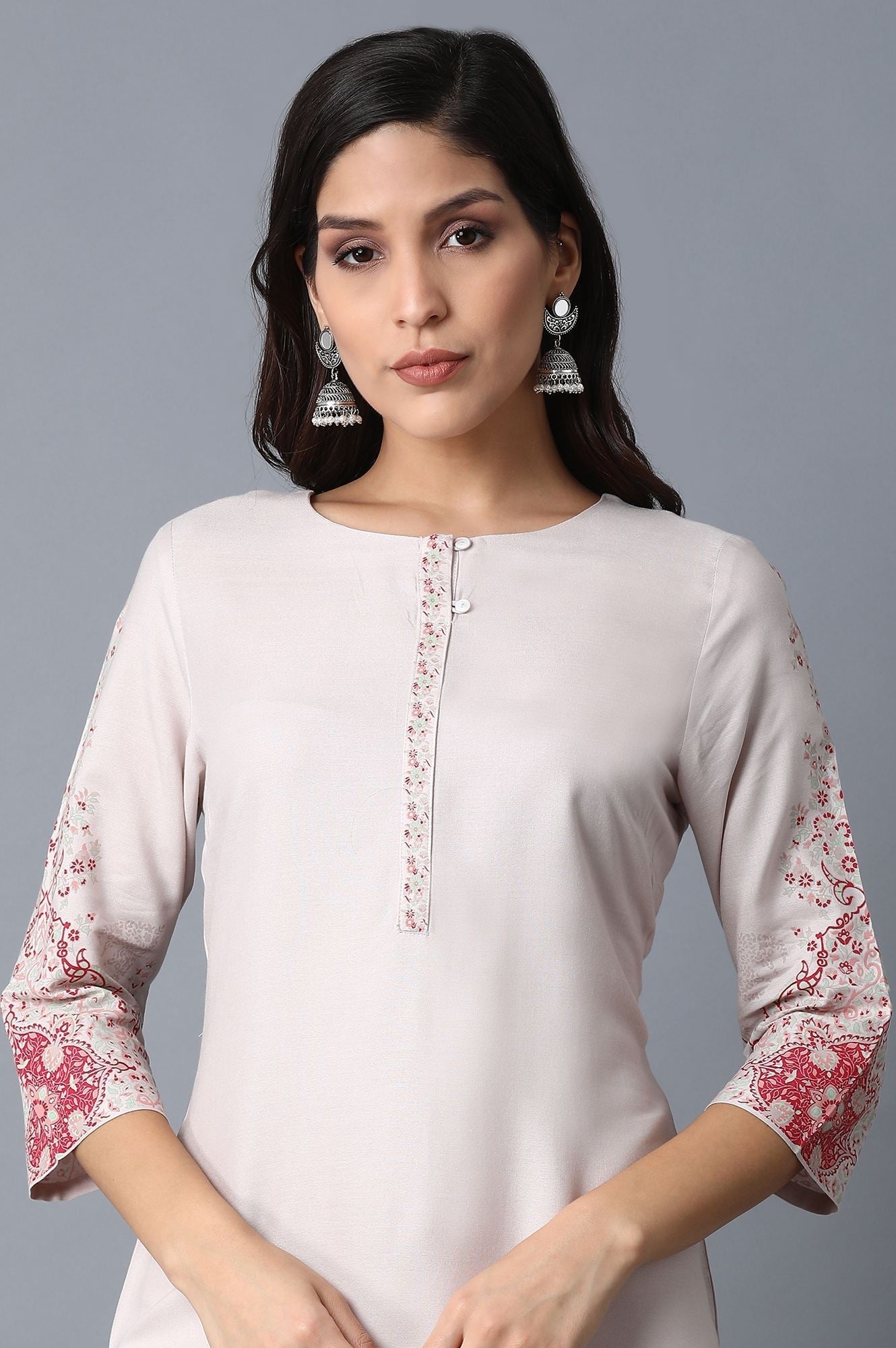 W for Woman Light Pink Paisley Rayon Straight Kurta and Slim Pant Set