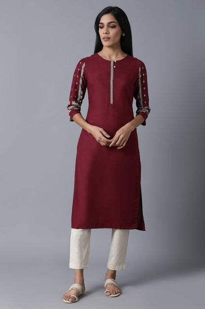 W for Woman Maroon Kurta With Printed Sleeves