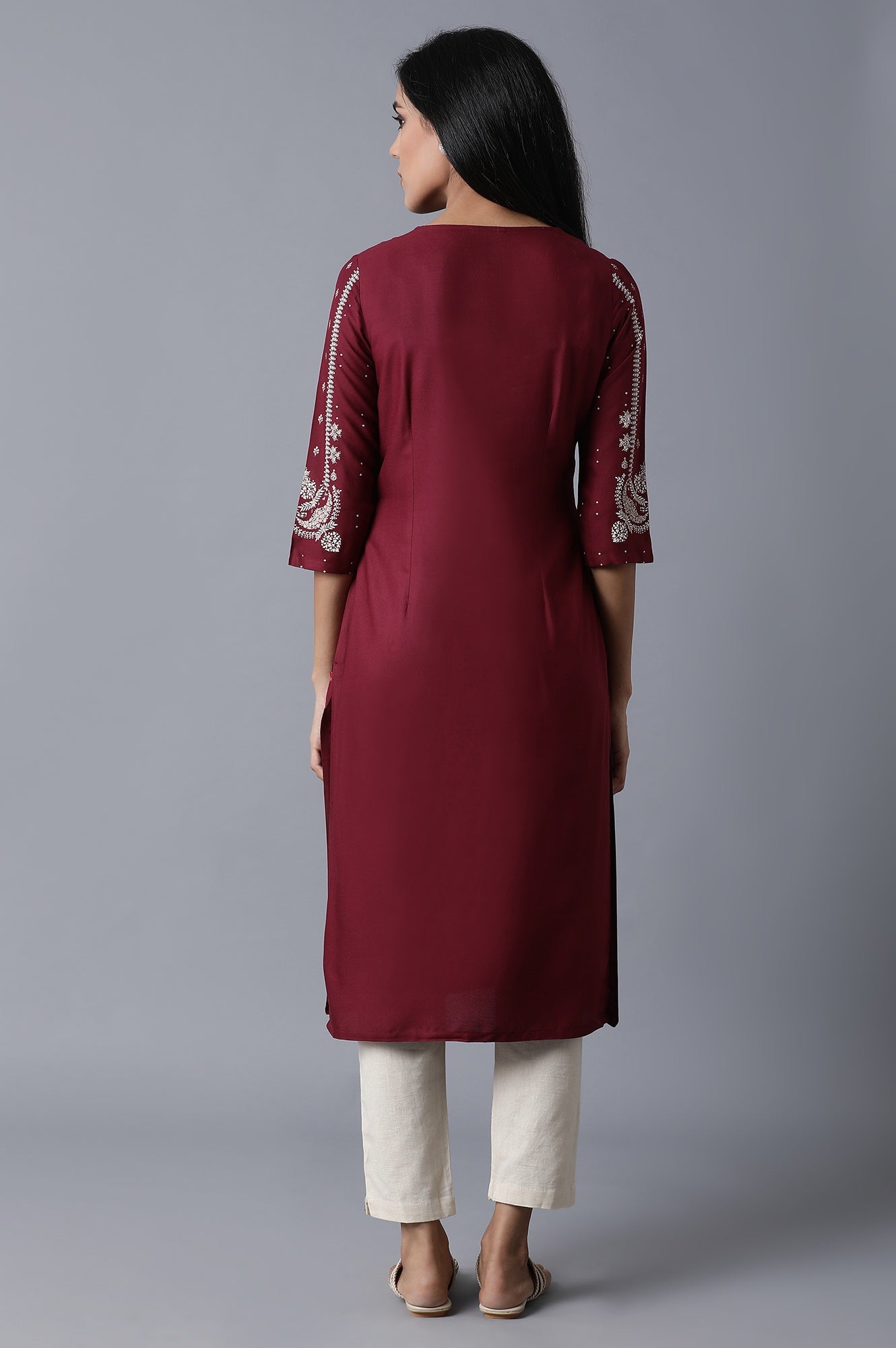 W for Woman Maroon Kurta With Printed Sleeves