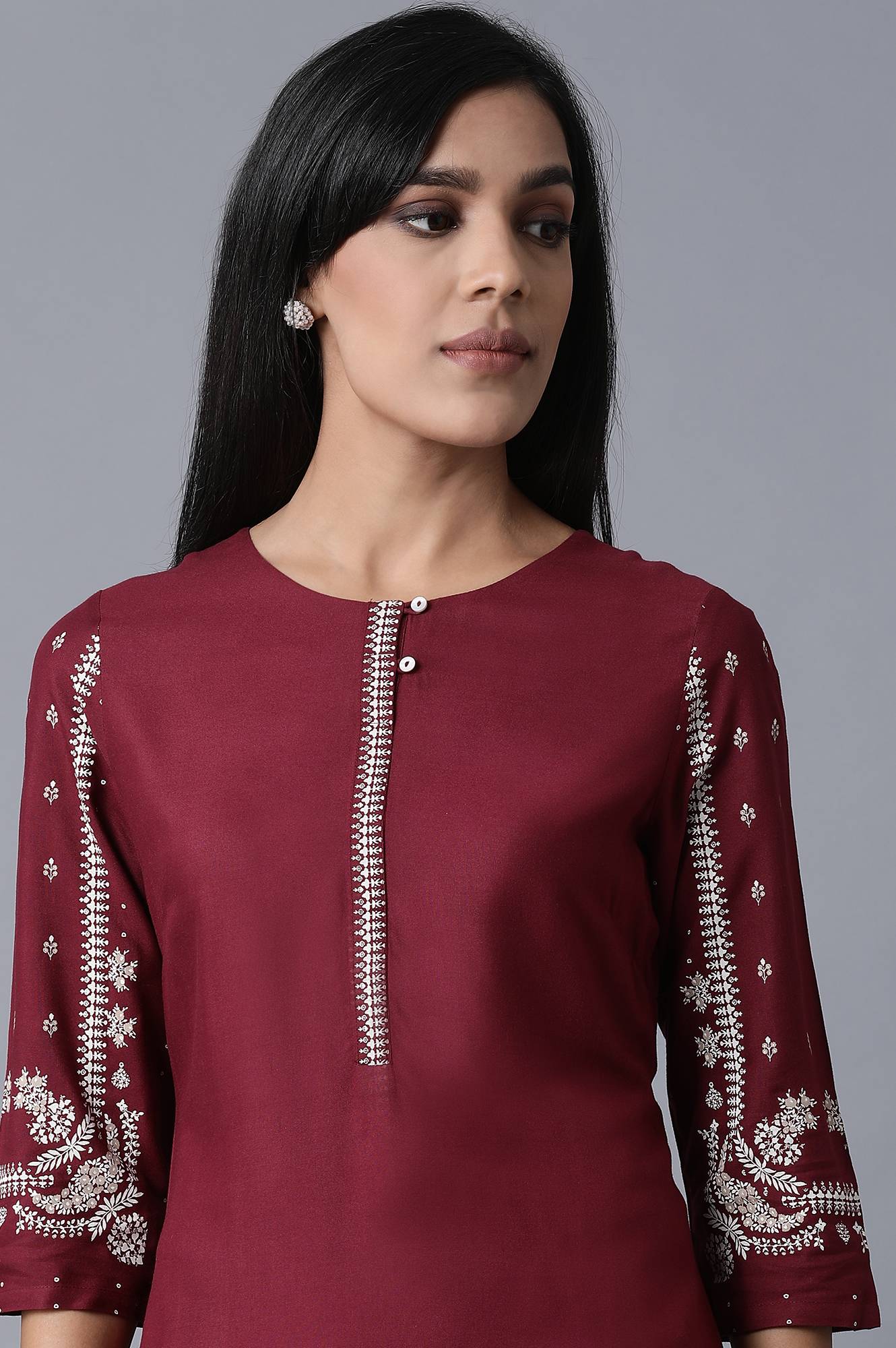 W for Woman Maroon Kurta With Printed Sleeves