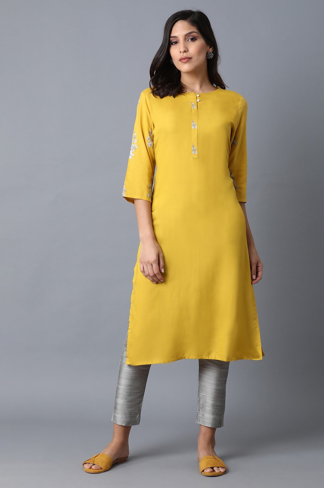 W for Woman Yellow Kurta With Printed Yoke