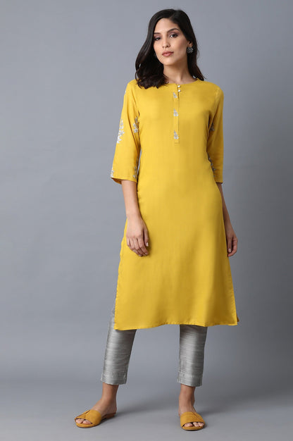 W for Woman Yellow Kurta With Printed Yoke