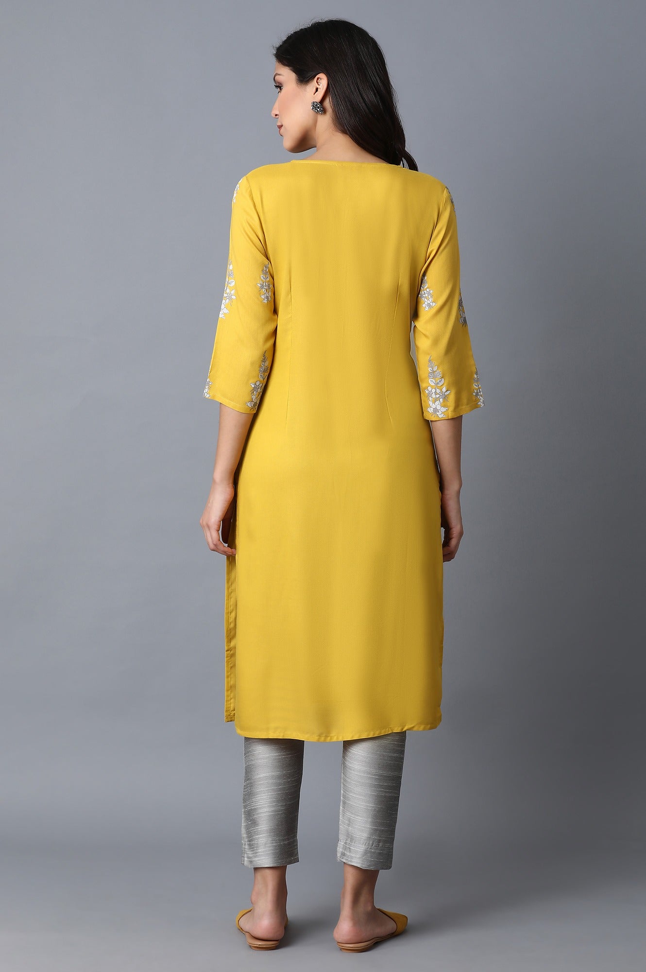 W for Woman Yellow Kurta With Printed Yoke