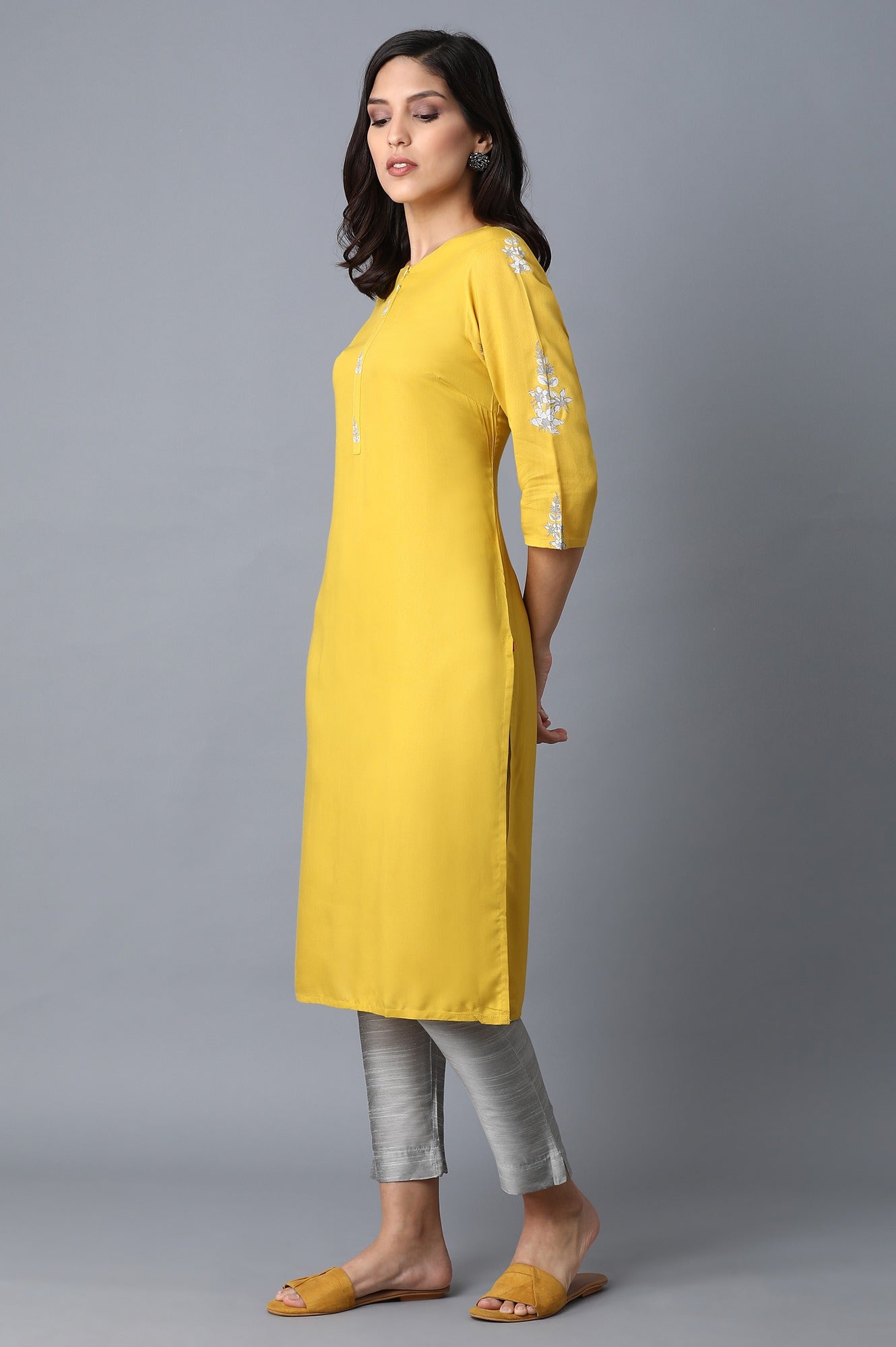 W for Woman Yellow Kurta With Printed Yoke