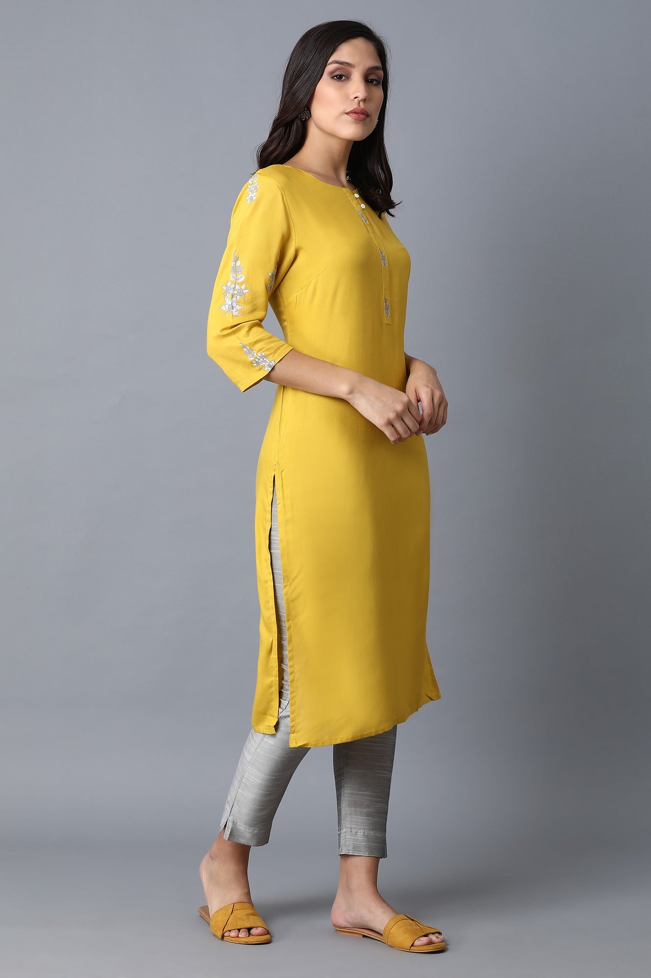 W for Woman Yellow Kurta With Printed Yoke