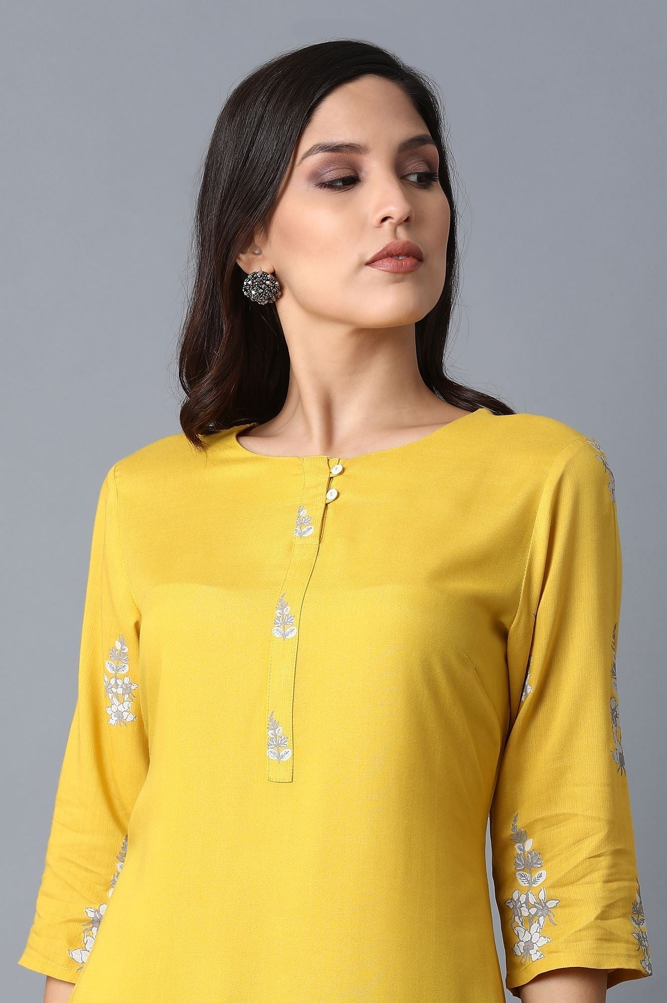 W for Woman Yellow Kurta With Printed Yoke