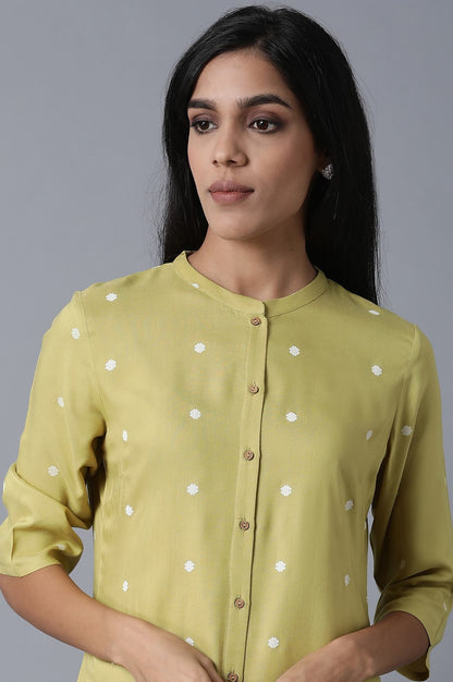 W for Woman Light Green Polka Dots Lace Rayon Straight Kurta and Straight Pant Set