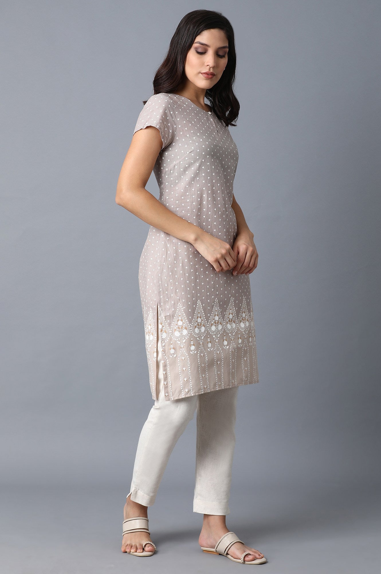 W for Woman Beige Printed Kurta